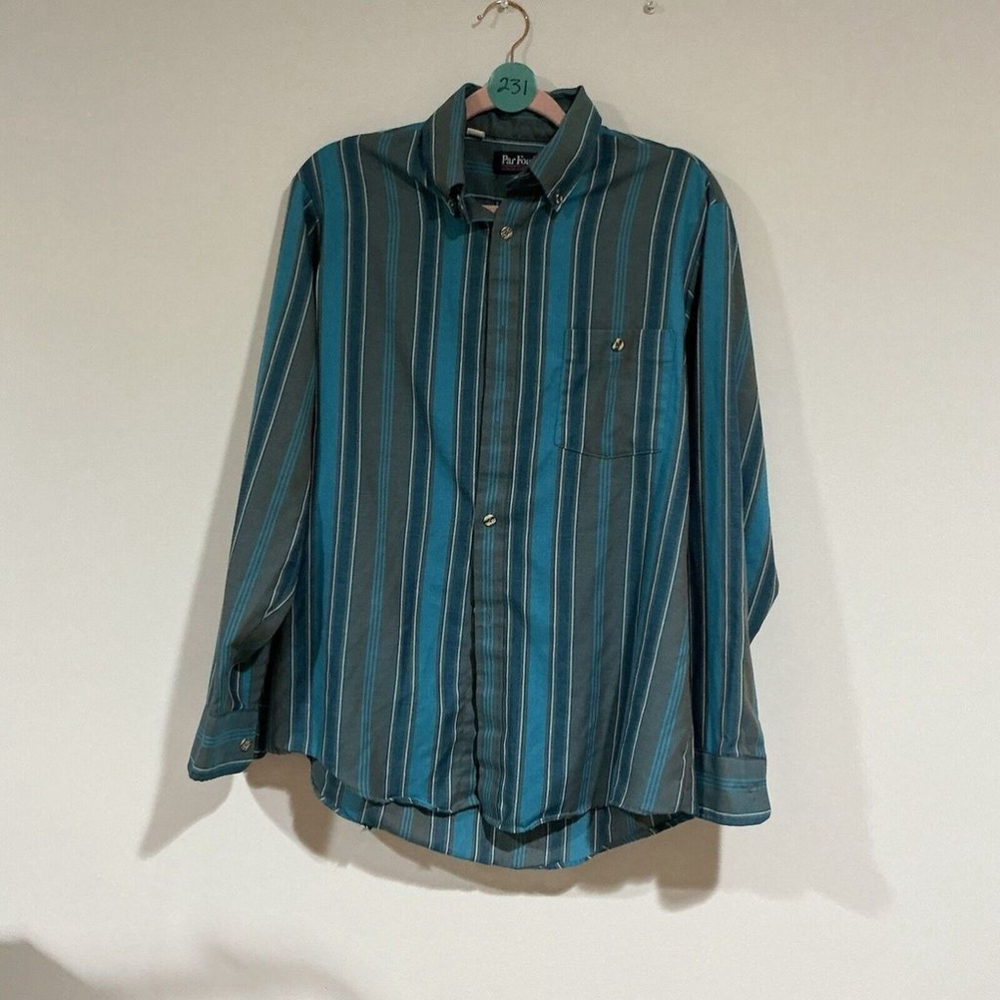 Men’s Par Four Sportswear Long Sleeve Shirt Blue/tan Stripe Medium